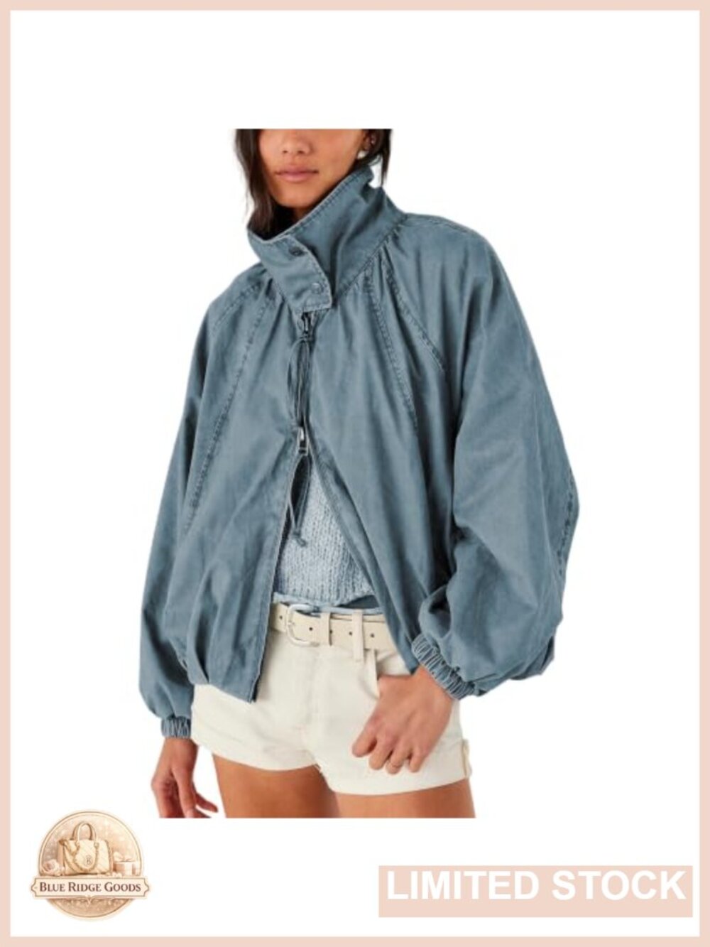 Oversized Cotton Bomber Jacket Funnel Neck Zip Up Batwing Sleeve Fall Outerwear